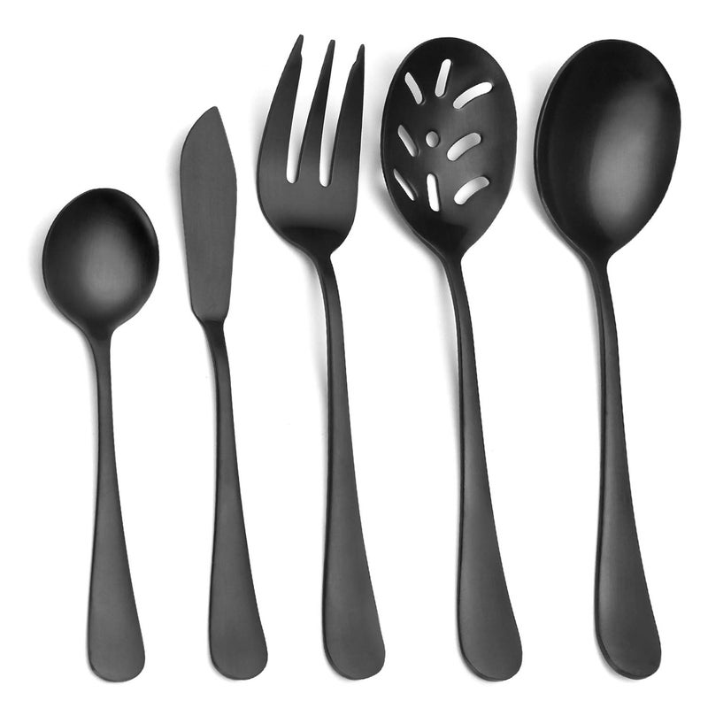 sharecook Matte Black Serving Setï¼ŒSHARECOOK 5-Piece 18/0 Stainless Steel Large Hostess Set with Round Edge, Satin Finished, Dishwasher Safe -Spoons, Forks,Butter Knife& Slotted Spoon - Image 1